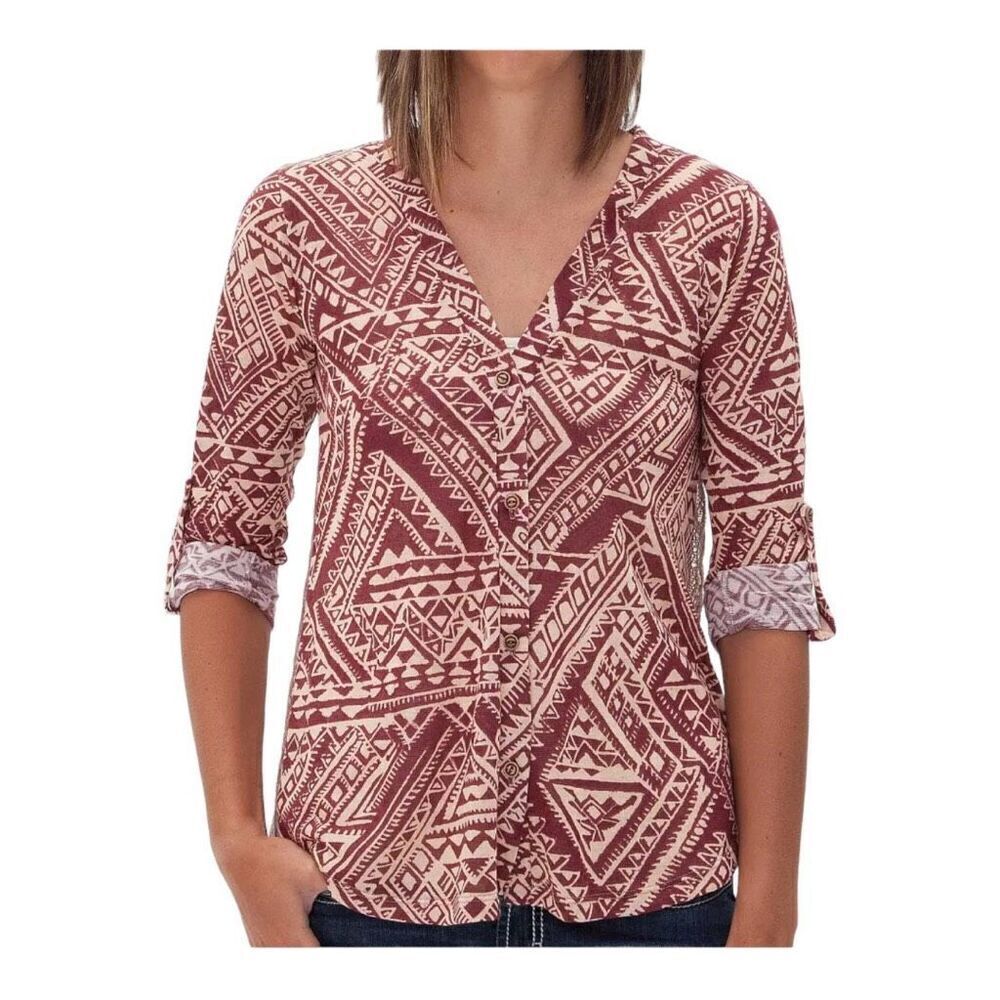 Womens Buckle Daytrip Southwestern Mixed Media Lace Back Top - Sz S